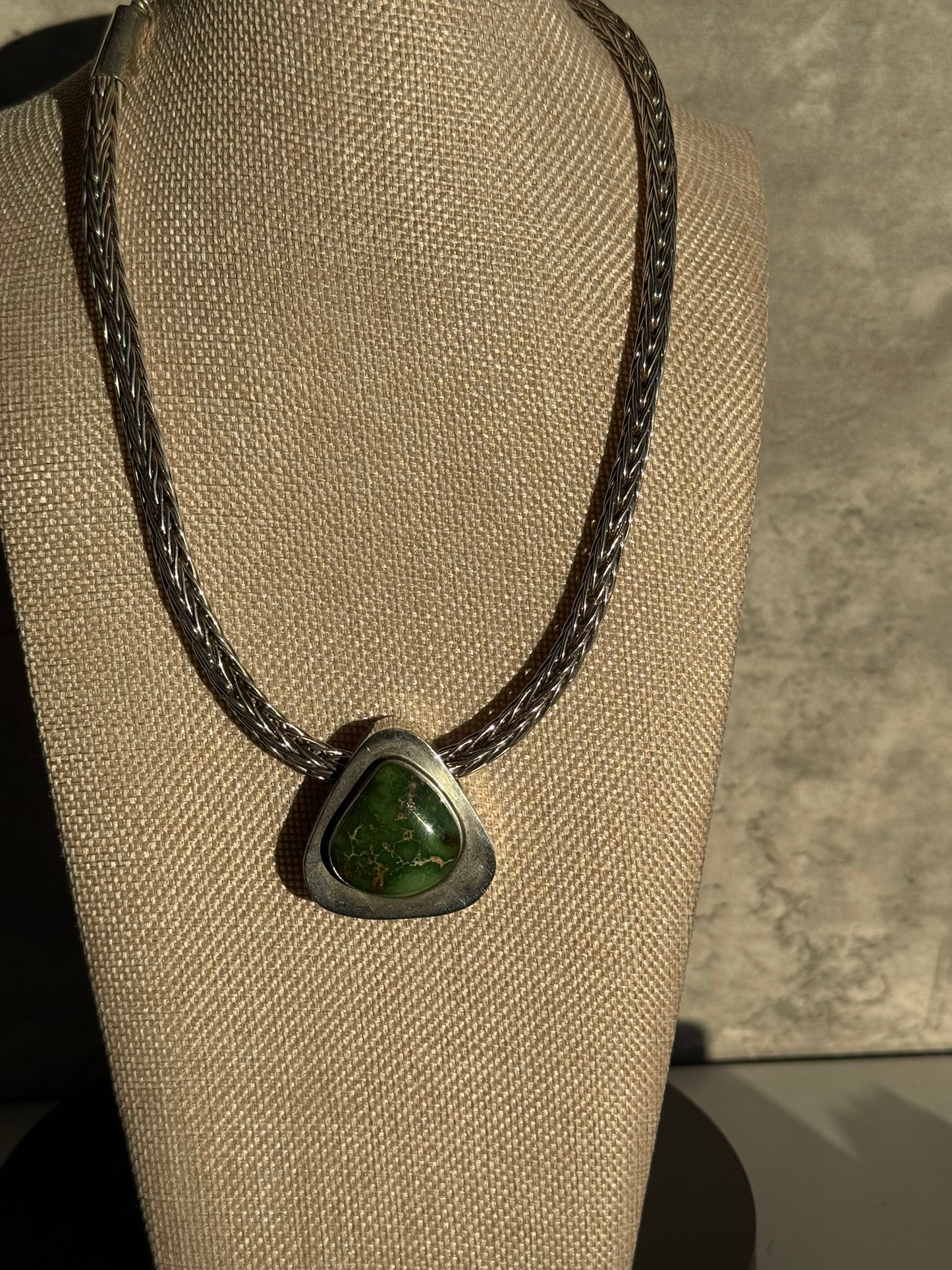 Handcrafted EMT Signed Grasshopper Turquoise and Navajo Sterling Necklace