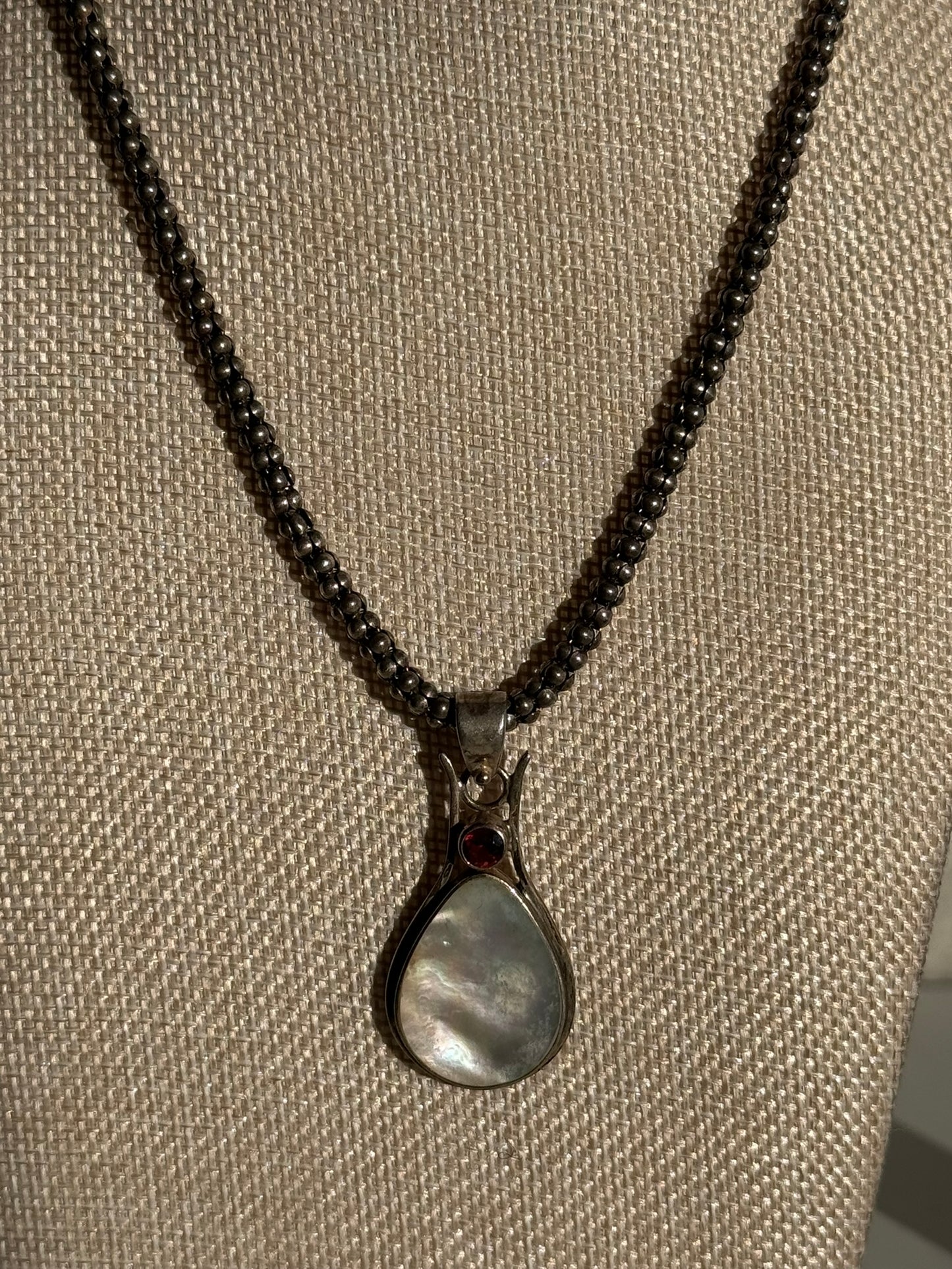 Beautiful Mother of Pearl and Ruby Pendant Wrapped in Sterling Silver on Chunky Sterling Chain