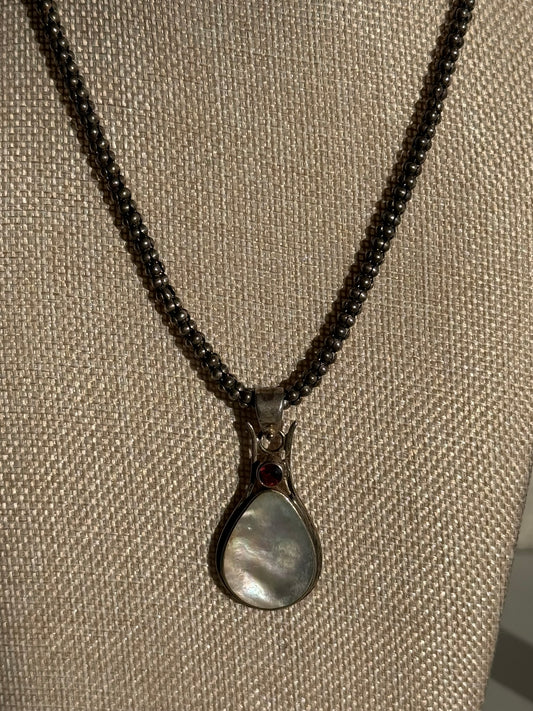 Beautiful Mother of Pearl and Ruby Pendant Wrapped in Sterling Silver on Chunky Sterling Chain
