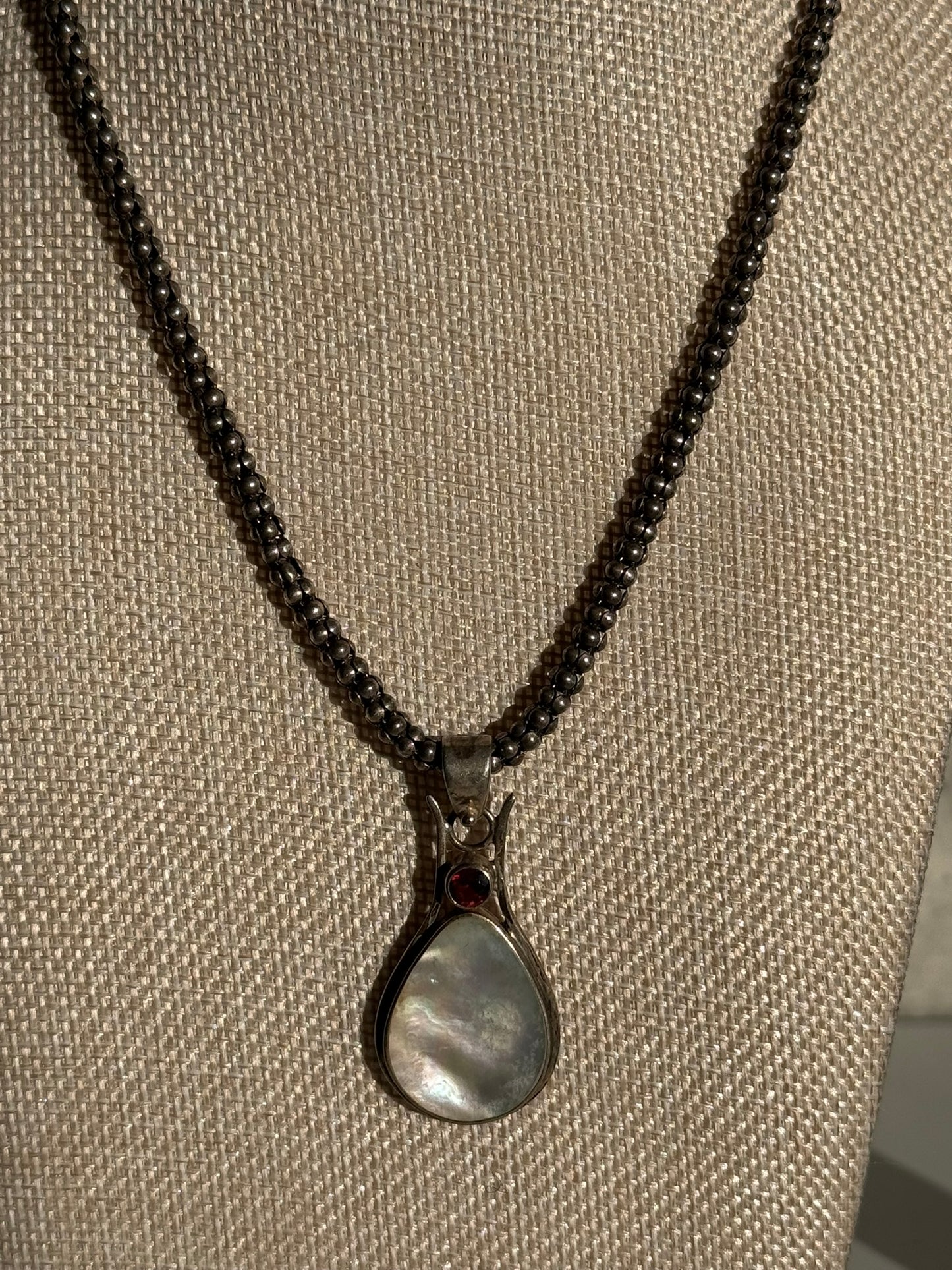Beautiful Mother of Pearl and Ruby Pendant Wrapped in Sterling Silver on Chunky Sterling Chain
