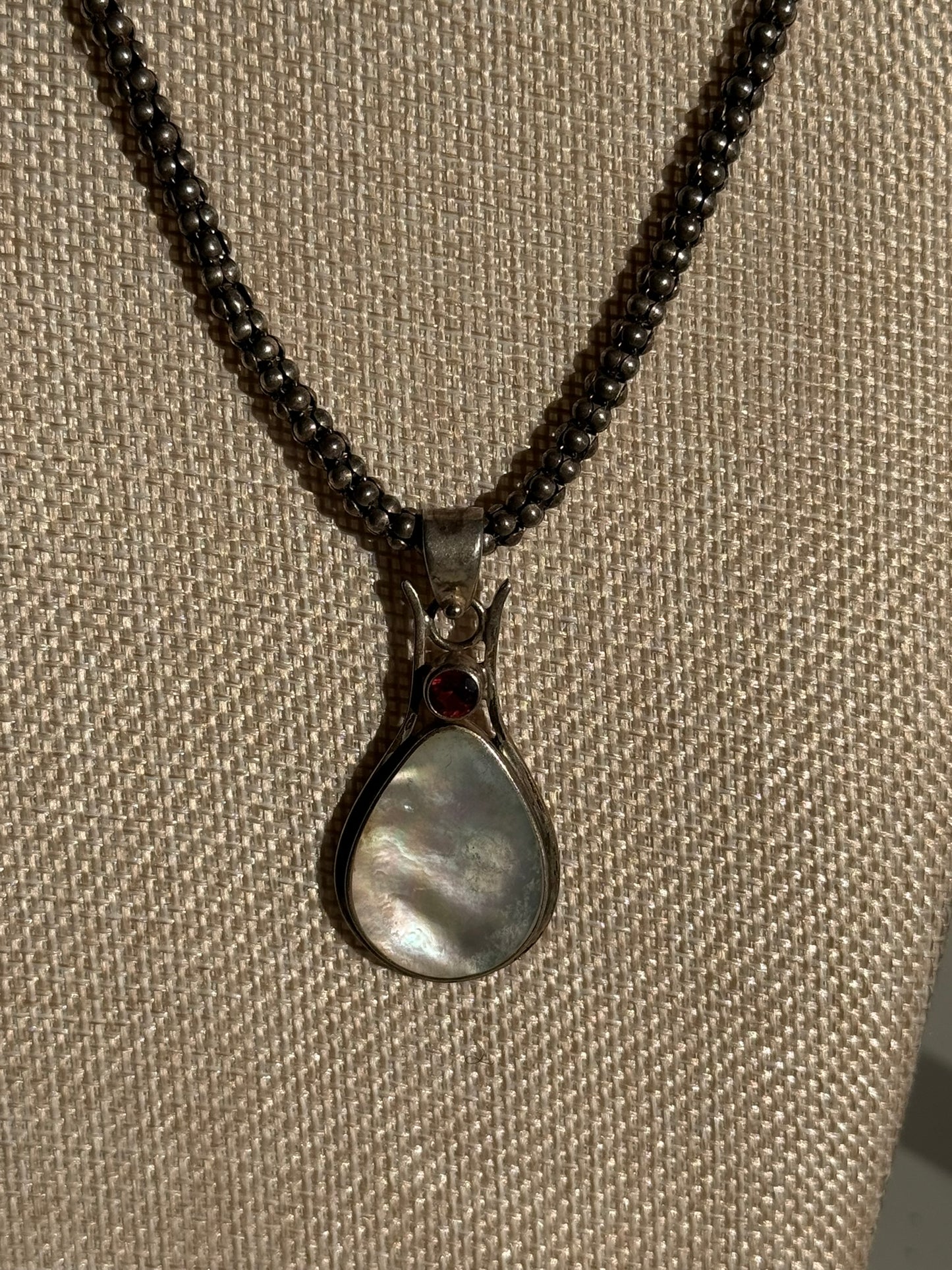 Beautiful Mother of Pearl and Ruby Pendant Wrapped in Sterling Silver on Chunky Sterling Chain