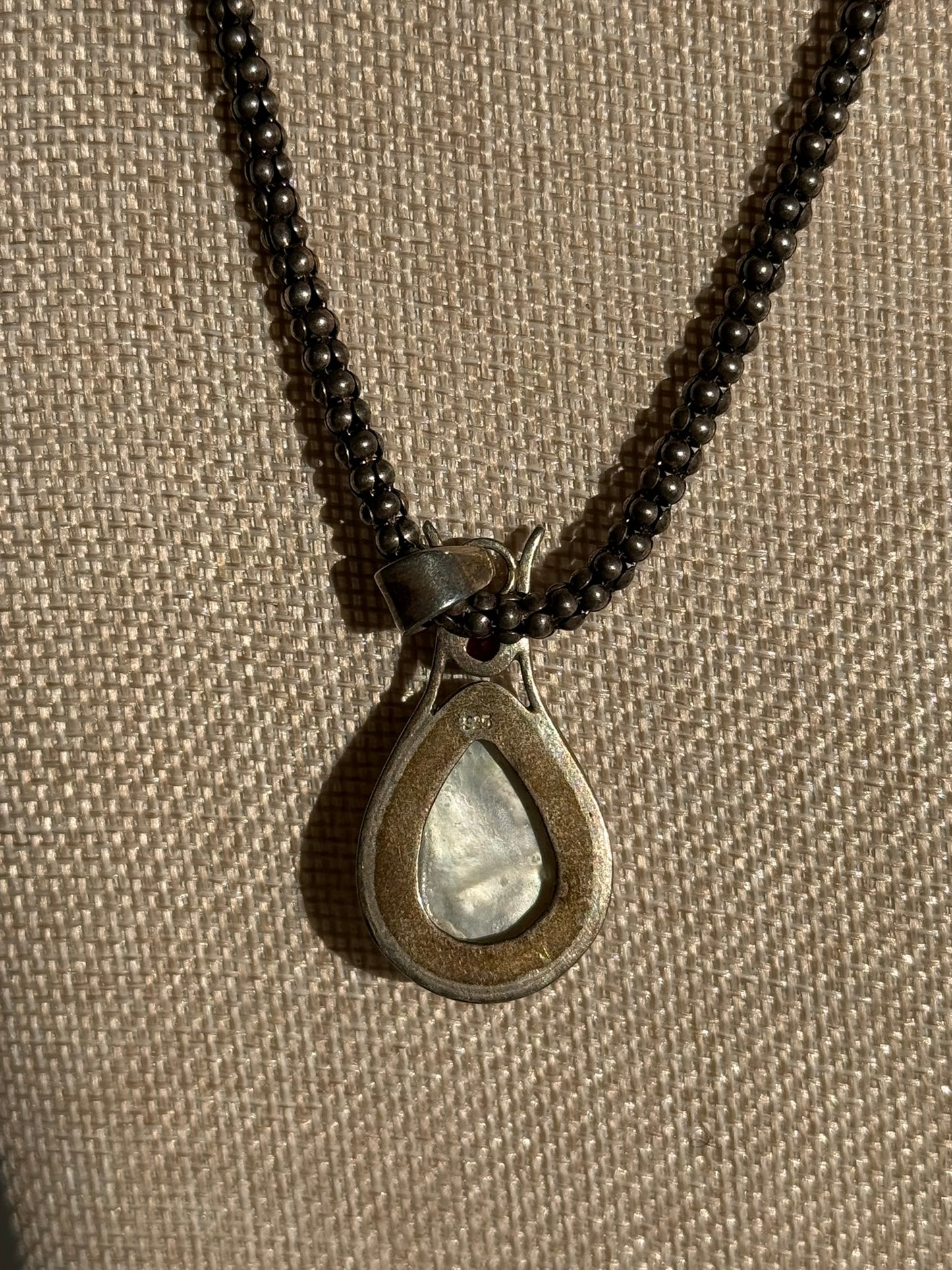 Beautiful Mother of Pearl and Ruby Pendant Wrapped in Sterling Silver on Chunky Sterling Chain