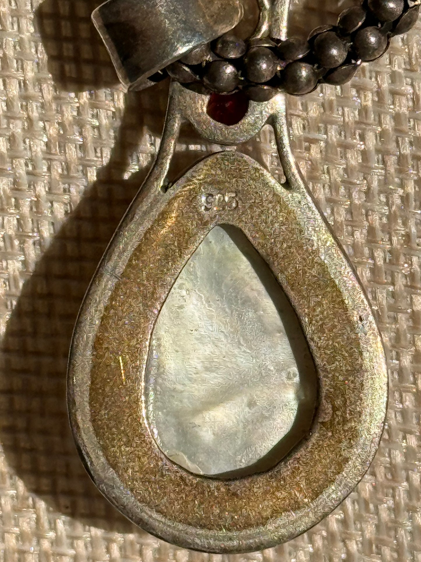 Beautiful Mother of Pearl and Ruby Pendant Wrapped in Sterling Silver on Chunky Sterling Chain