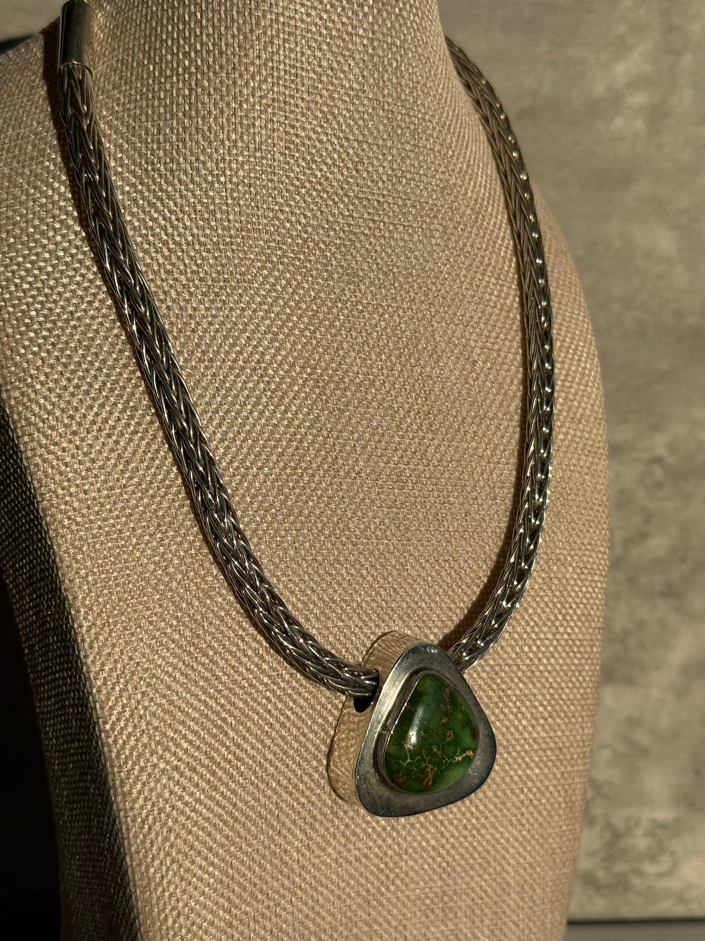 Handcrafted EMT Signed Grasshopper Turquoise and Navajo Sterling Necklace