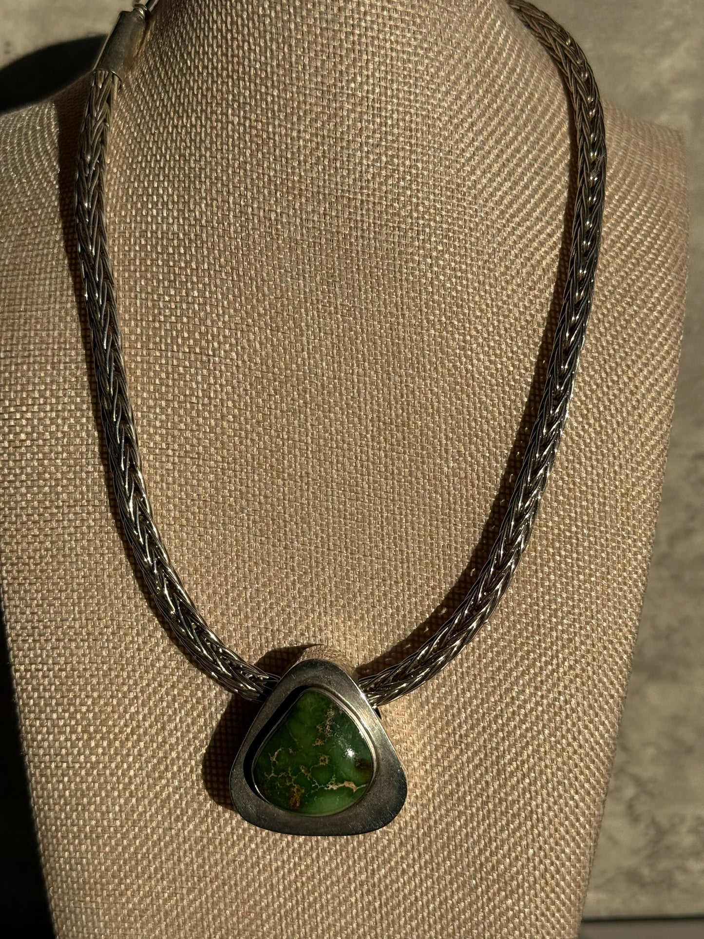 Handcrafted EMT Signed Grasshopper Turquoise and Navajo Sterling Necklace