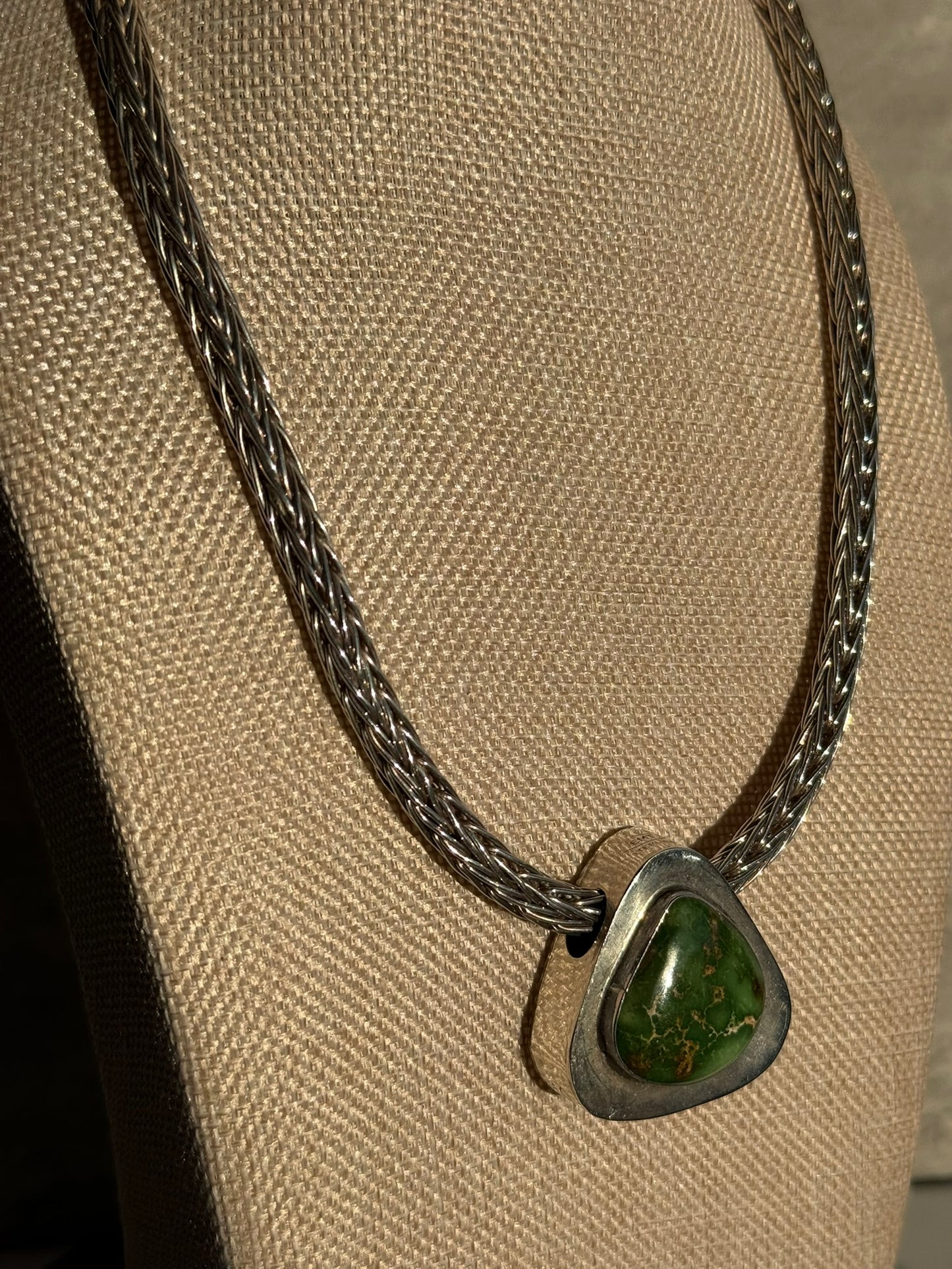 Handcrafted EMT Signed Grasshopper Turquoise and Navajo Sterling Necklace