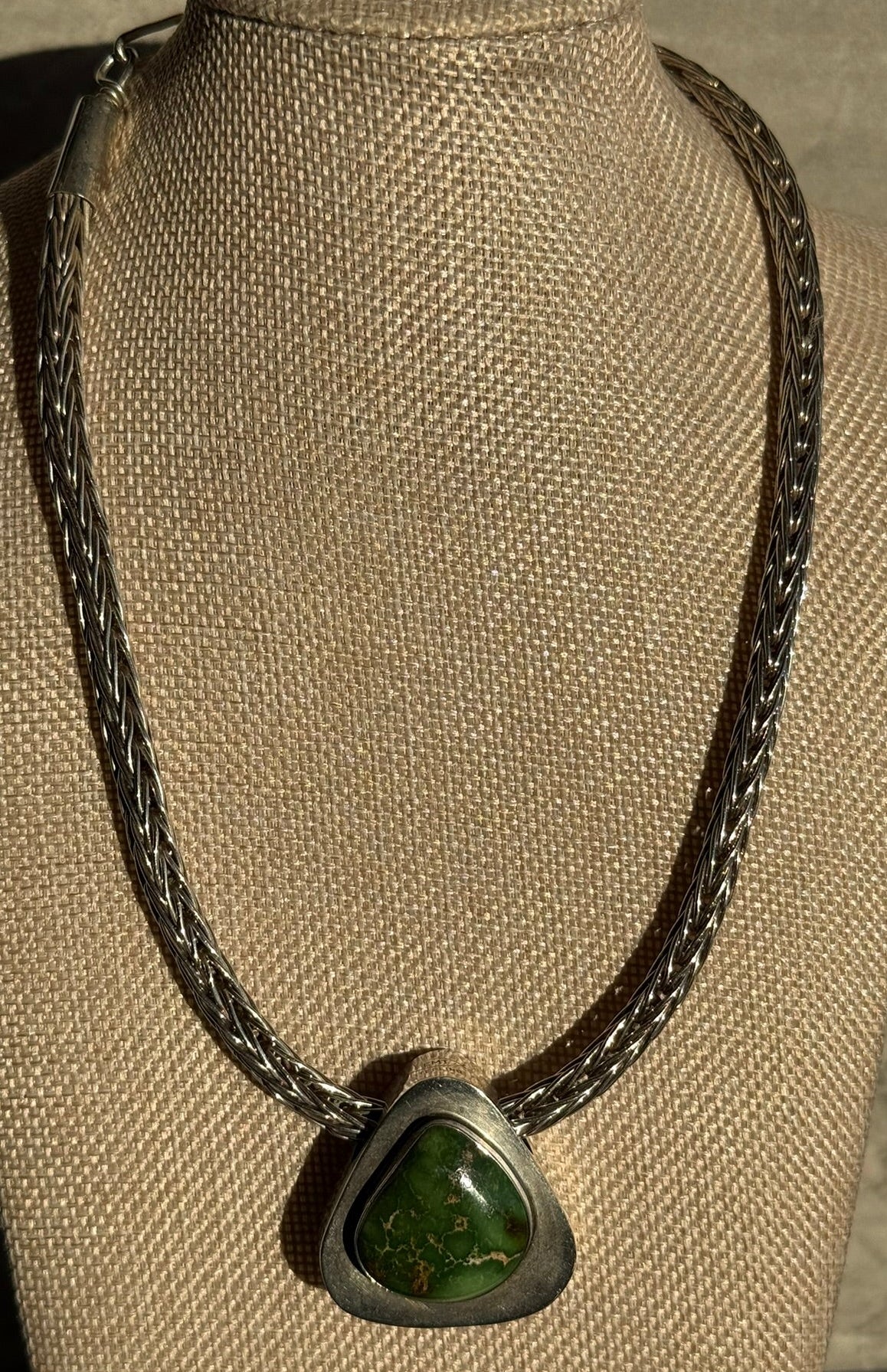 Handcrafted EMT Signed Grasshopper Turquoise and Navajo Sterling Necklace