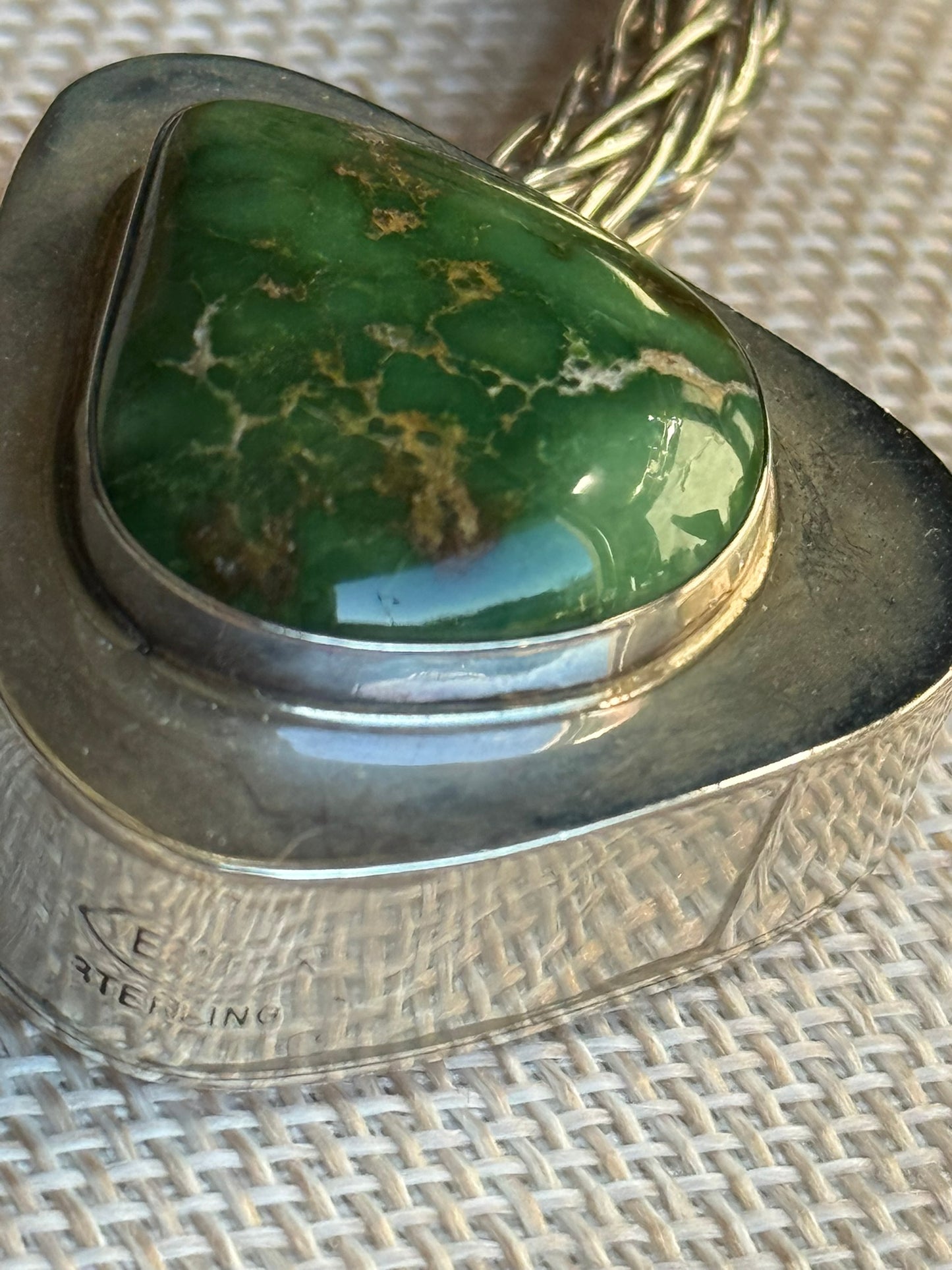 Handcrafted EMT Signed Grasshopper Turquoise and Navajo Sterling Necklace