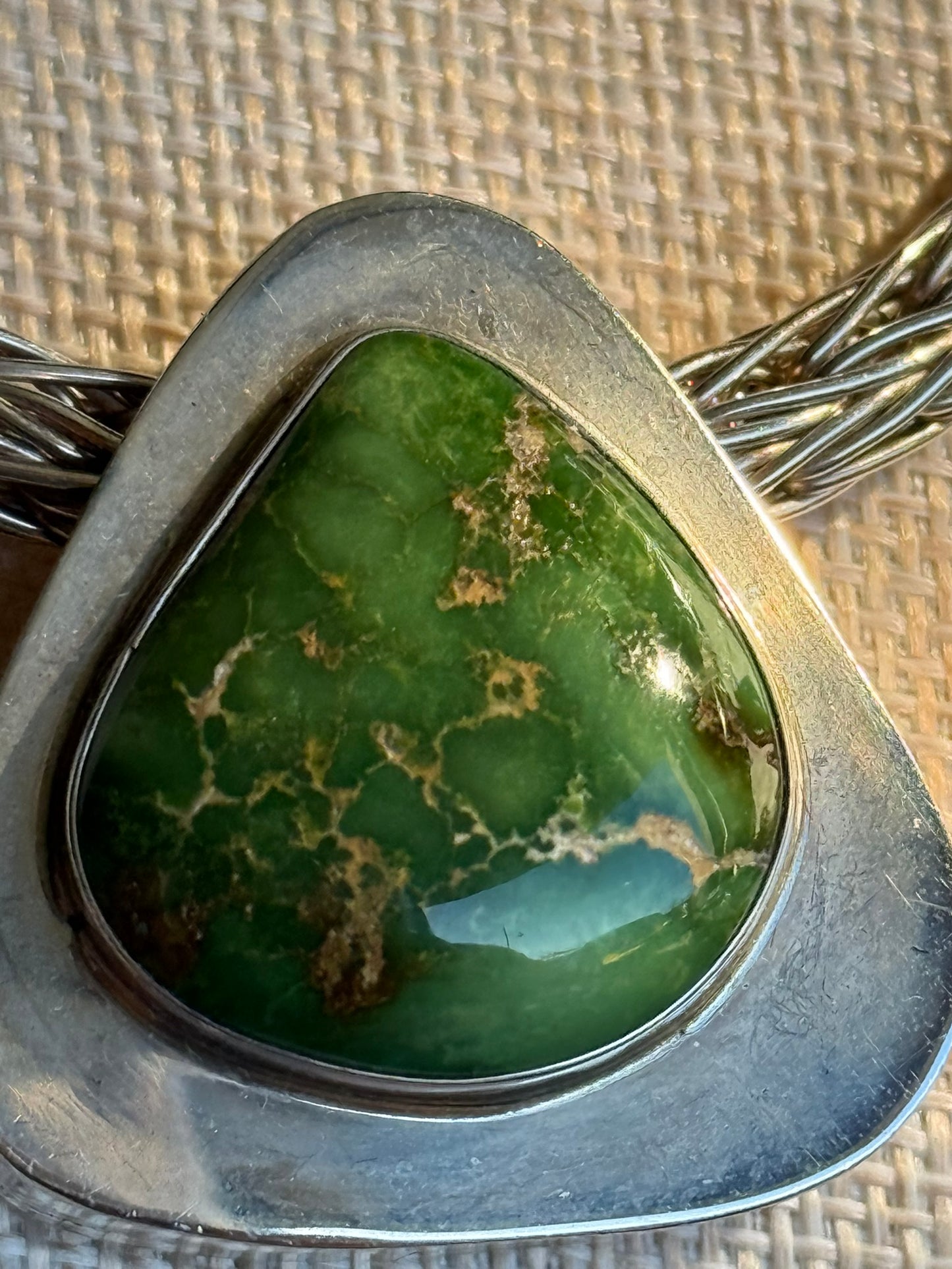 Handcrafted EMT Signed Grasshopper Turquoise and Navajo Sterling Necklace