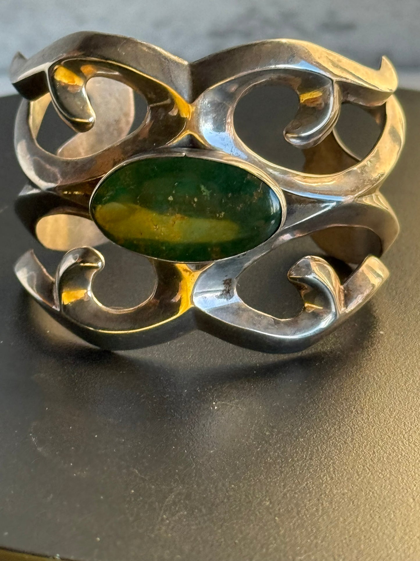 Vintage Native American FJ Silver & Turquoise Sand Cast Cuff Bracelet