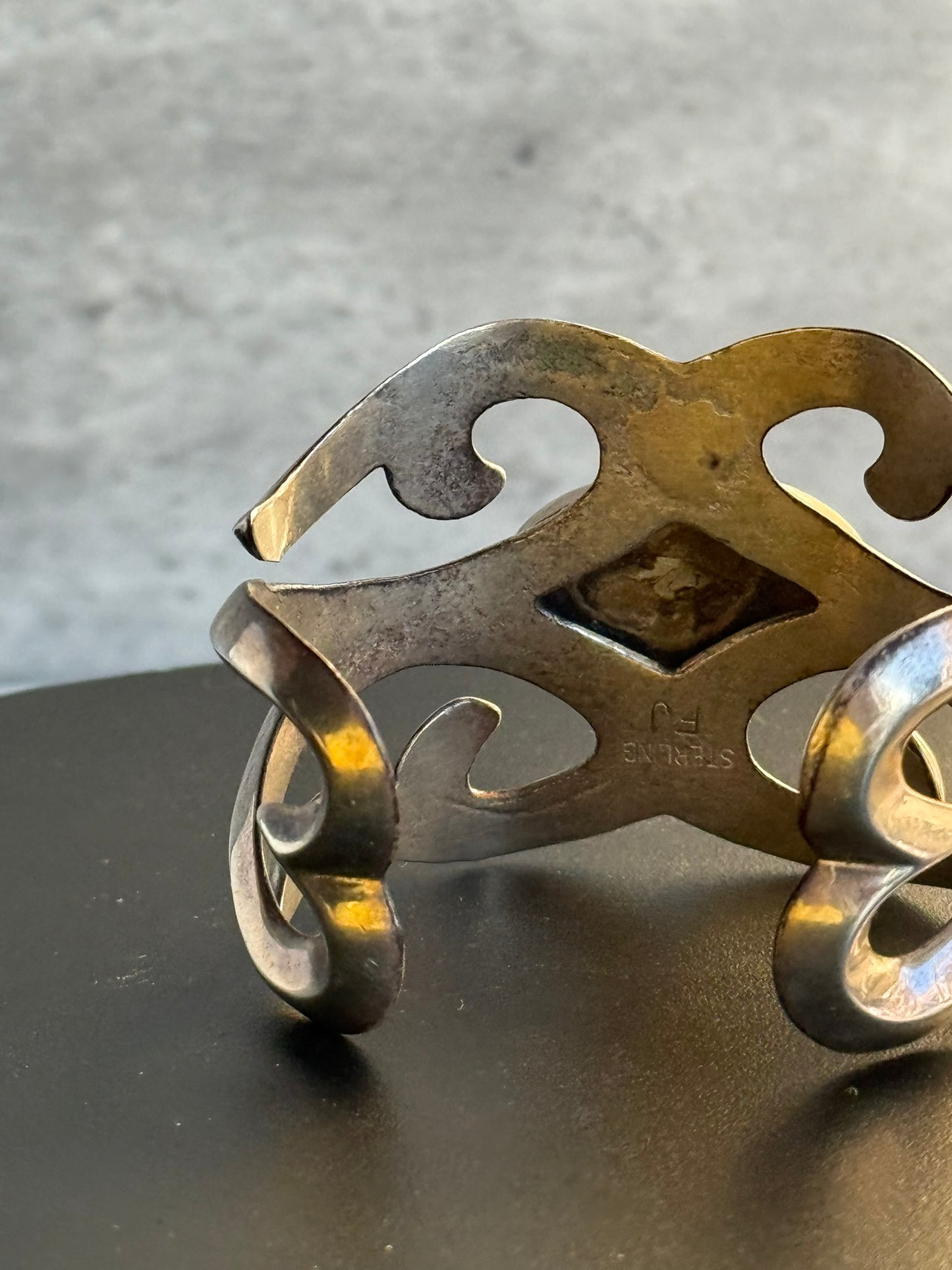 Vintage Native American FJ Silver & Turquoise Sand Cast Cuff Bracelet