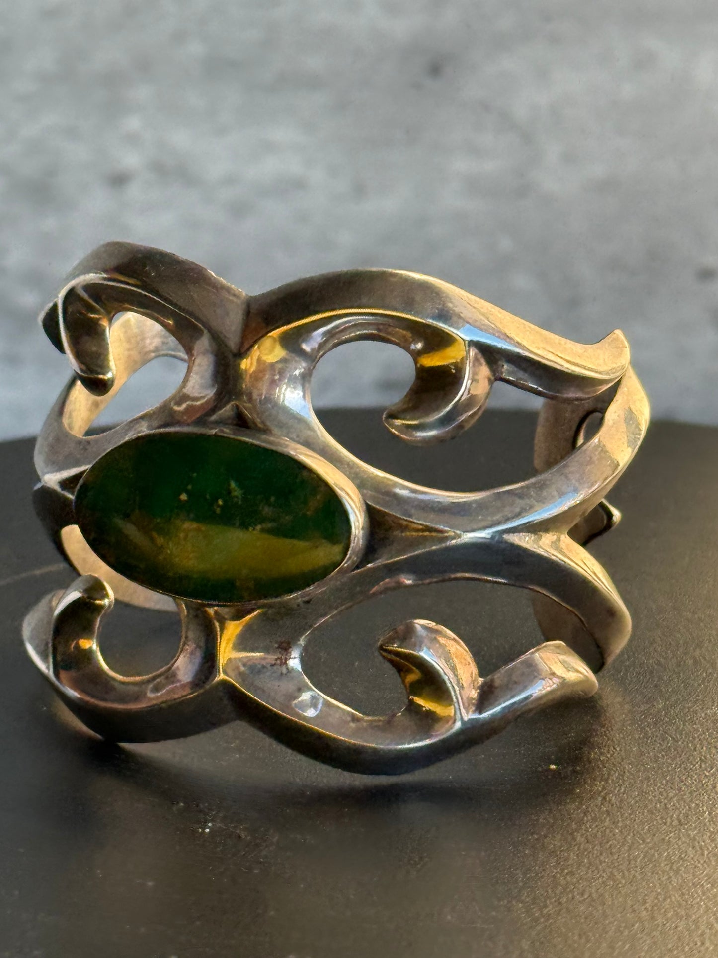 Vintage Native American FJ Silver & Turquoise Sand Cast Cuff Bracelet