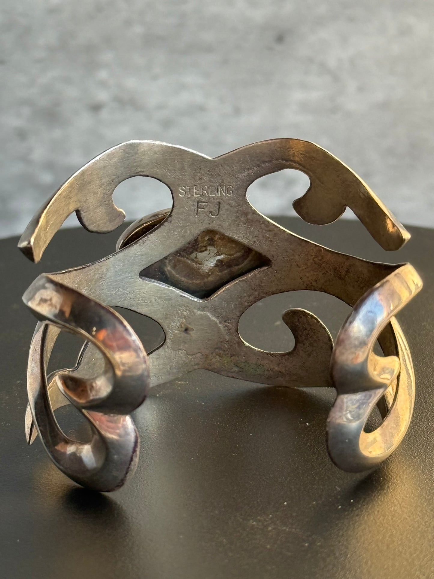 Vintage Native American FJ Silver & Turquoise Sand Cast Cuff Bracelet