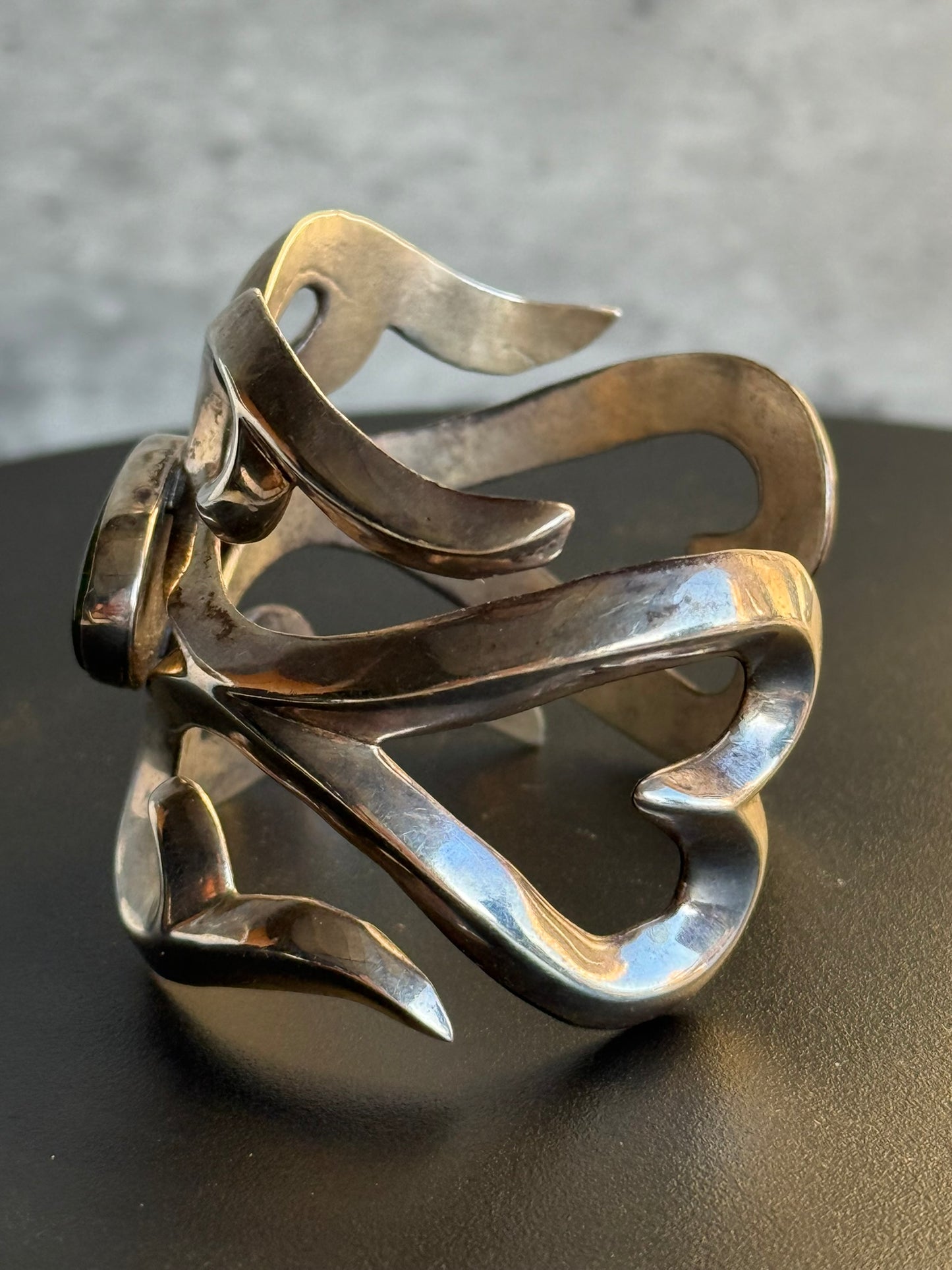 Vintage Native American FJ Silver & Turquoise Sand Cast Cuff Bracelet