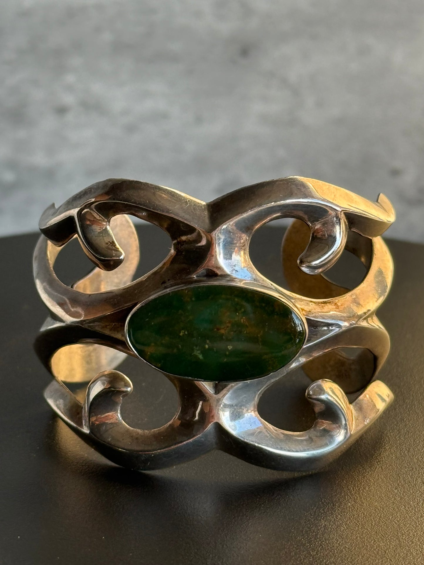 Vintage Native American FJ Silver & Turquoise Sand Cast Cuff Bracelet