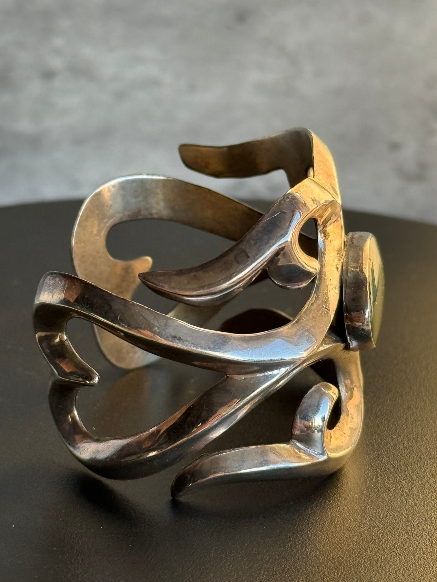 Vintage Native American FJ Silver & Turquoise Sand Cast Cuff Bracelet