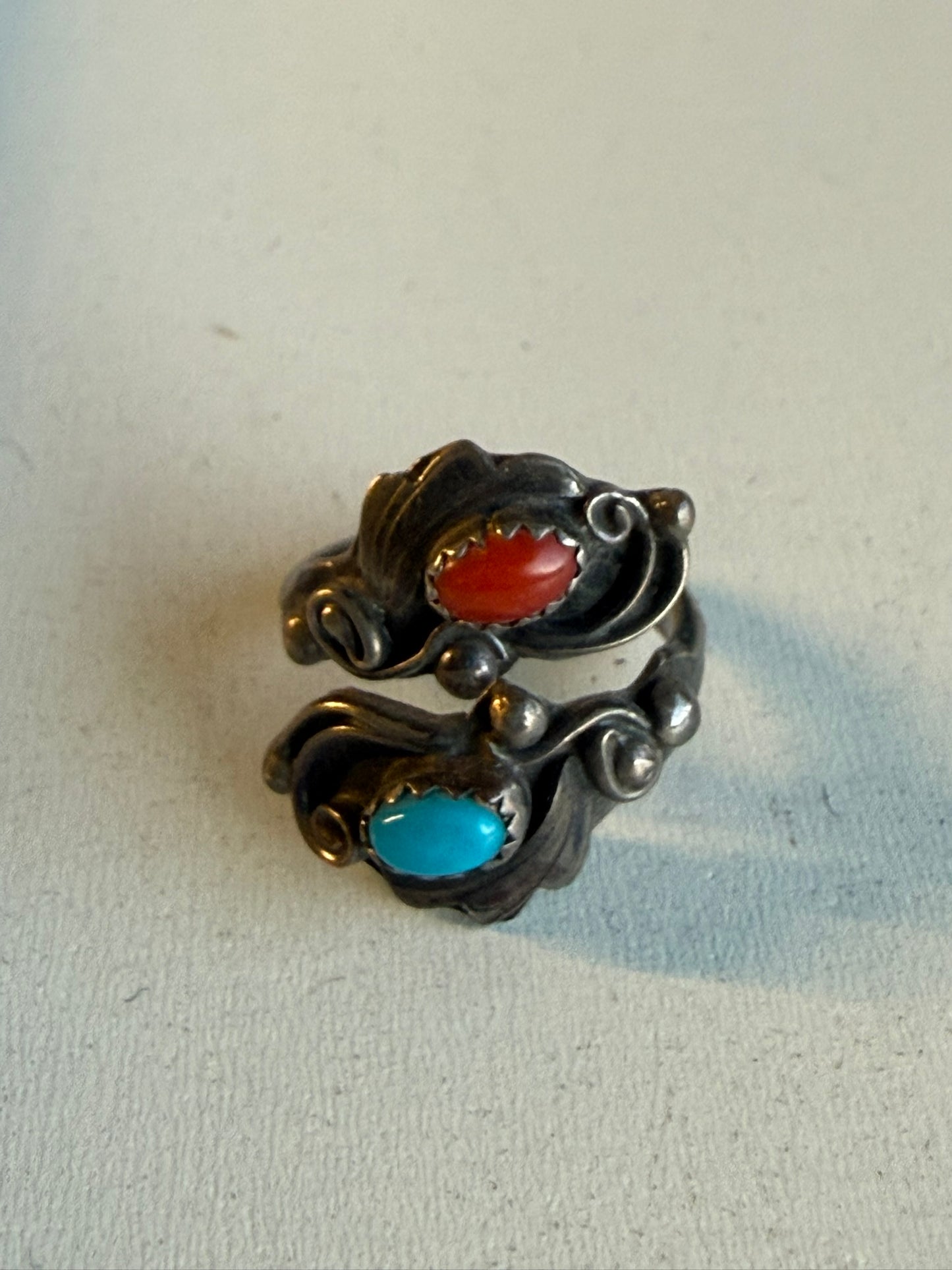 Sterling Silver Turquoise and Coral Feather Ring