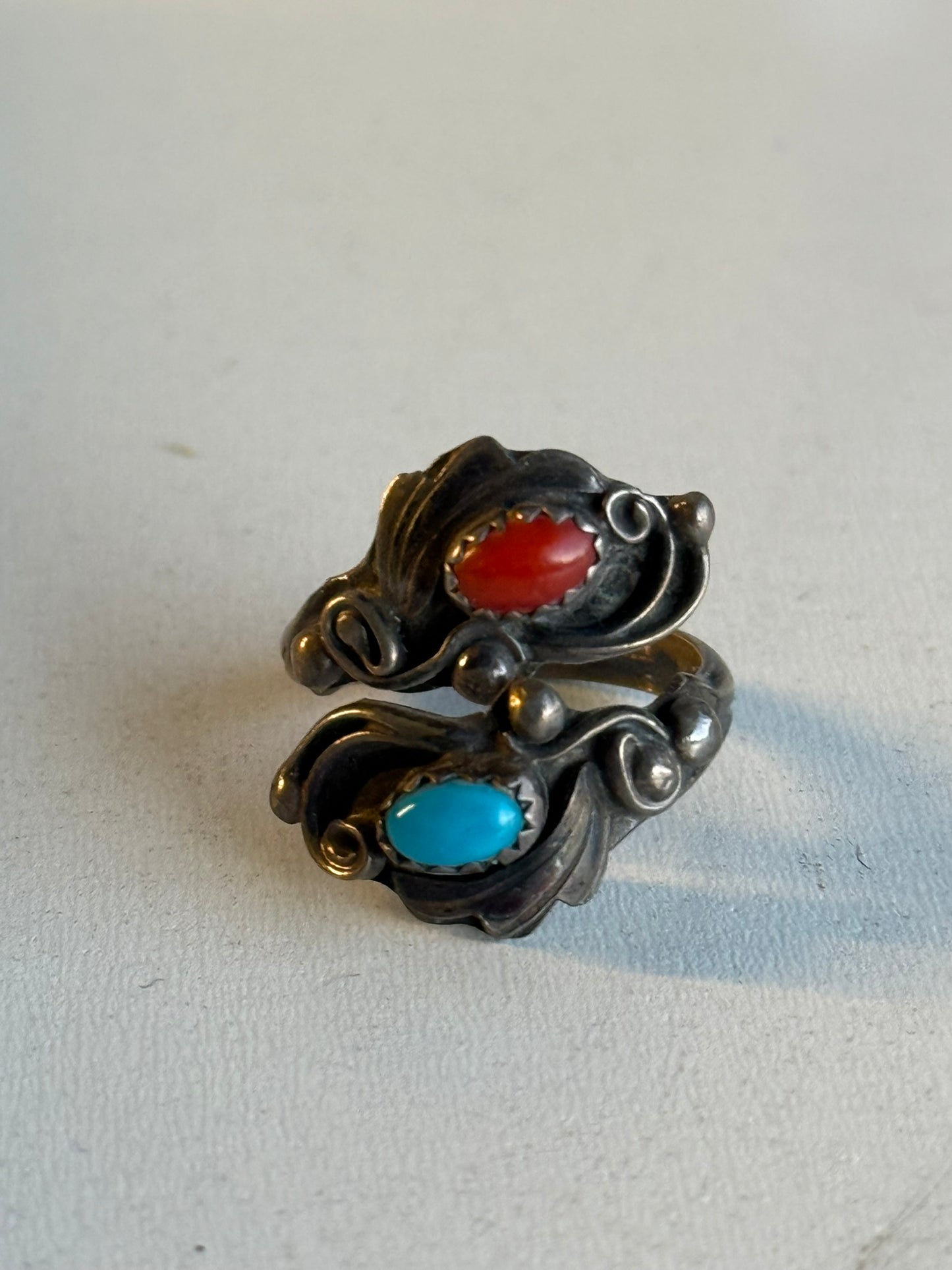 Sterling Silver Turquoise and Coral Feather Ring