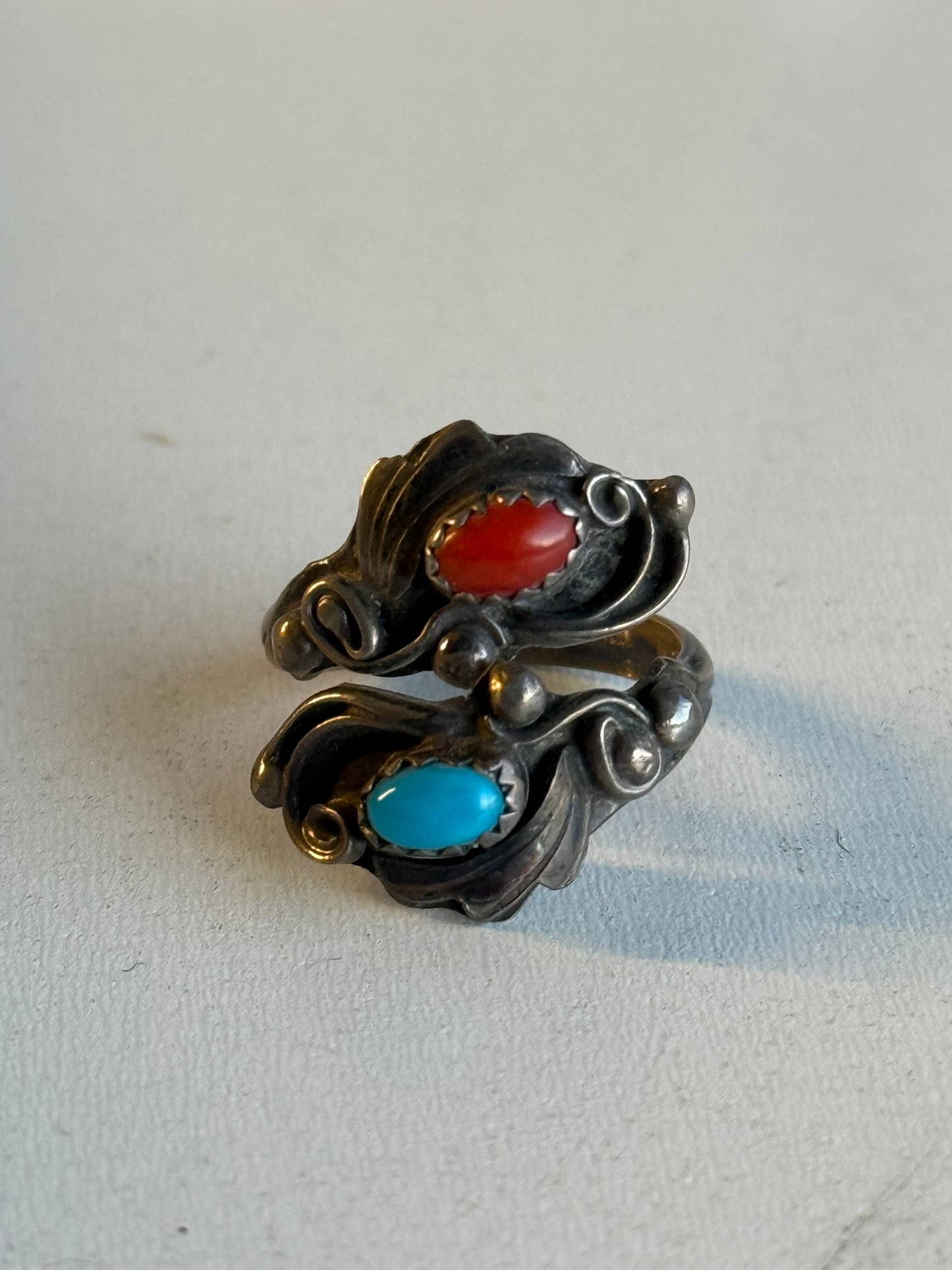 Sterling Silver Turquoise and Coral Feather Ring